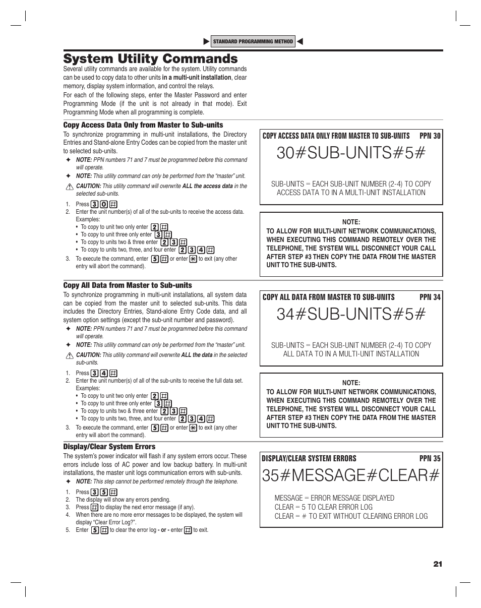 30#sub-units#5, 34#sub-units#5, 35#message#clear | System utility commands | Linear AE-100 User Manual | Page 21 / 36