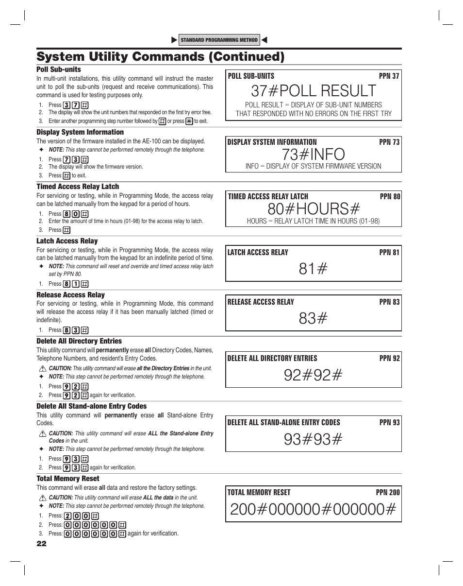 37#poll result, 73#info, 80#hours | System utility commands (continued) | Linear AE-100 User Manual | Page 22 / 36