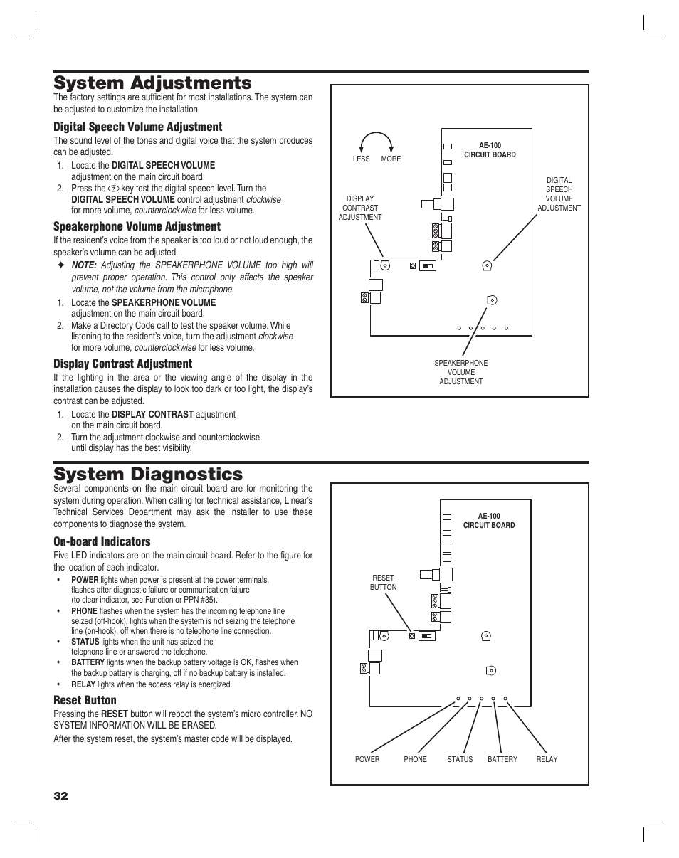 System adjustments, System diagnostics | Linear AE-100 User Manual | Page 32 / 36