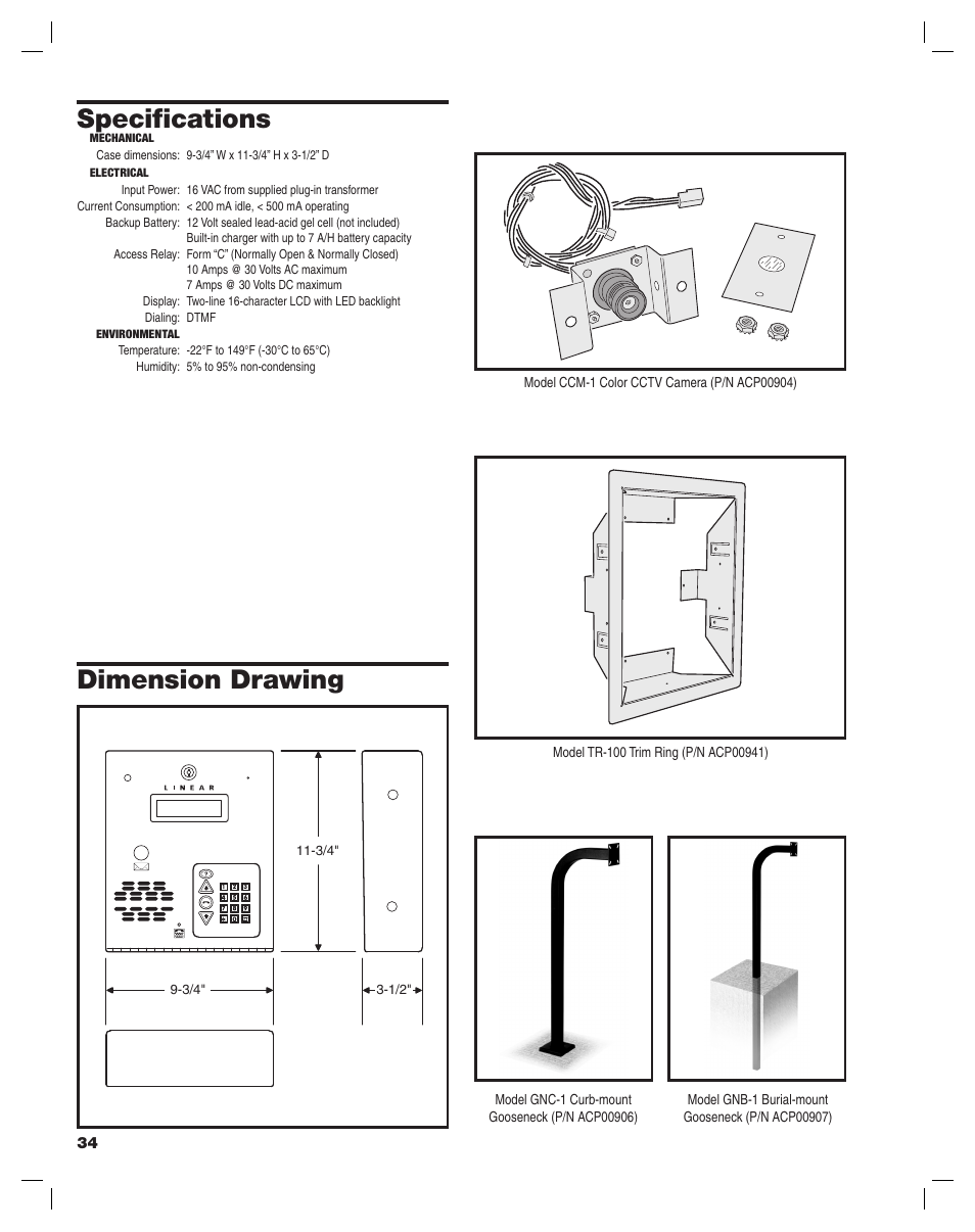 Specifi cations, Dimension drawing | Linear AE-100 User Manual | Page 34 / 36