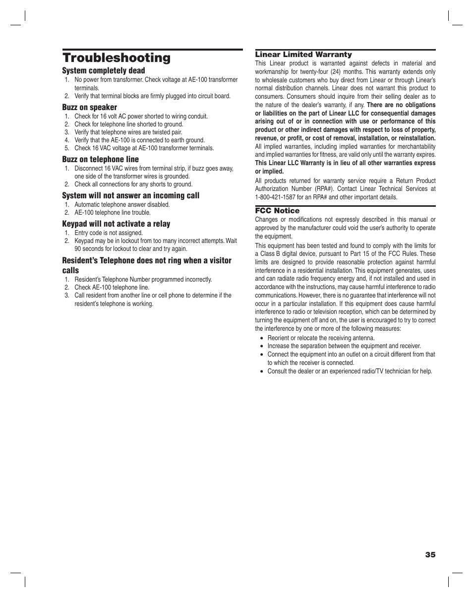 Troubleshooting | Linear AE-100 User Manual | Page 35 / 36