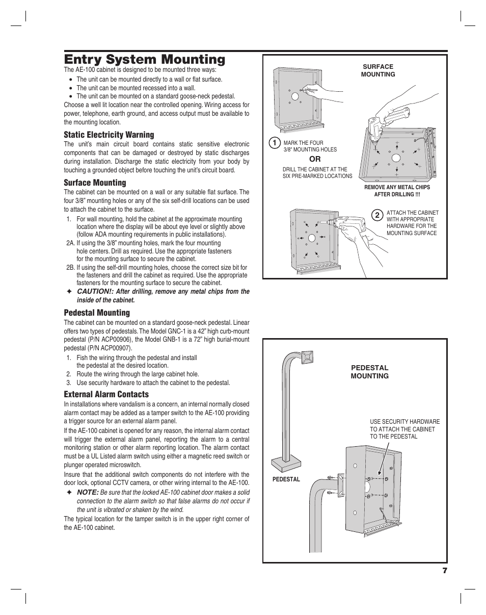 Entry system mounting | Linear AE-100 User Manual | Page 7 / 36