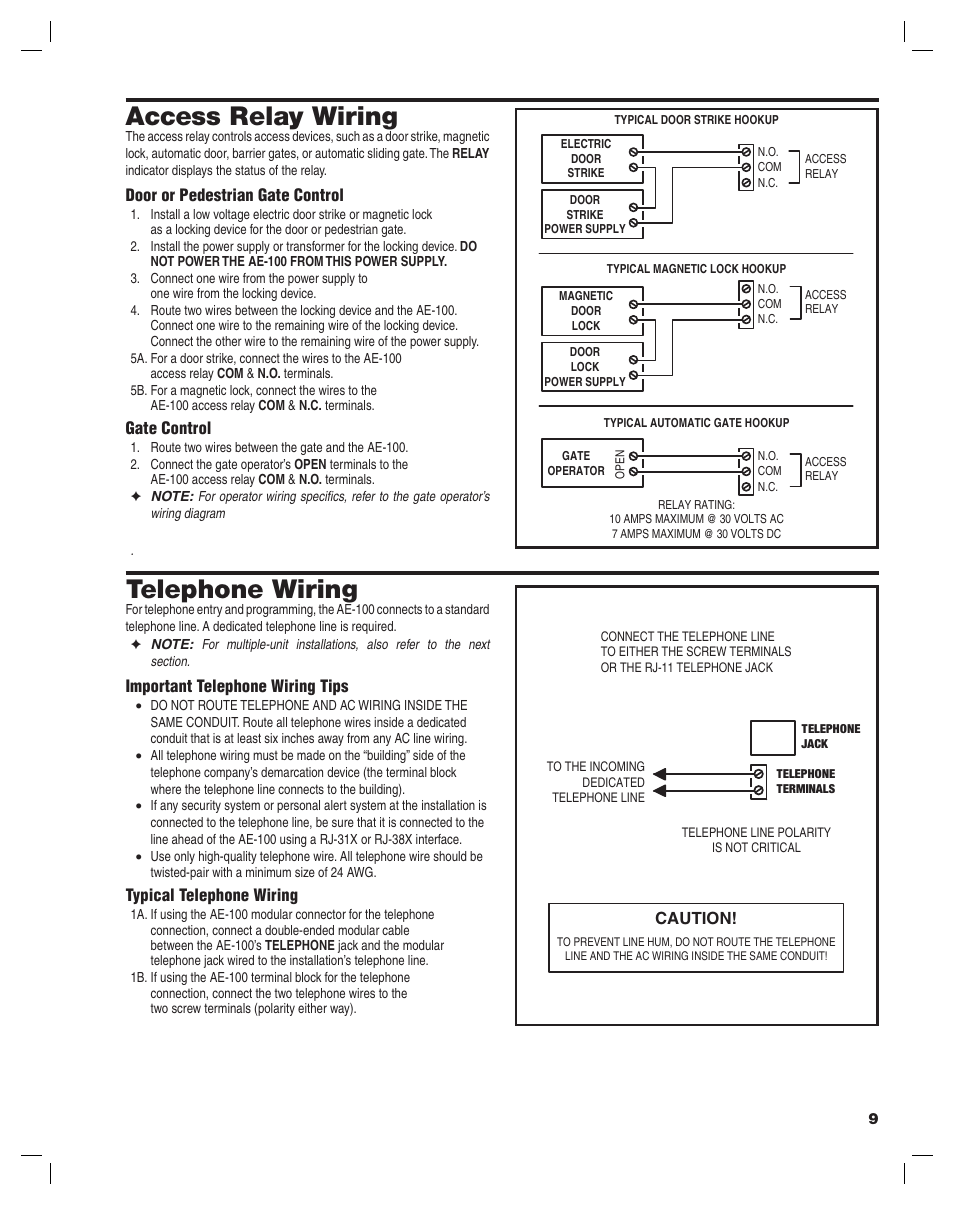 Access relay wiring, Telephone wiring | Linear AE-100 User Manual | Page 9 / 36