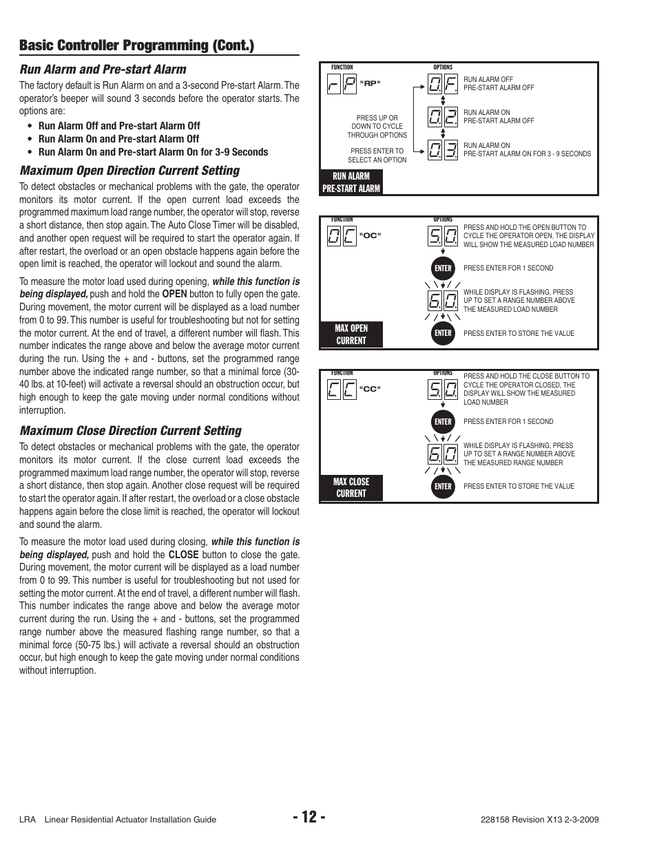 Basic controller programming (cont.), Run alarm and pre-start alarm, Maximum open direction current setting | Maximum close direction current setting, Max close current, Max open current, Run alarm pre-start alarm | Linear LRA User Manual | Page 14 / 28