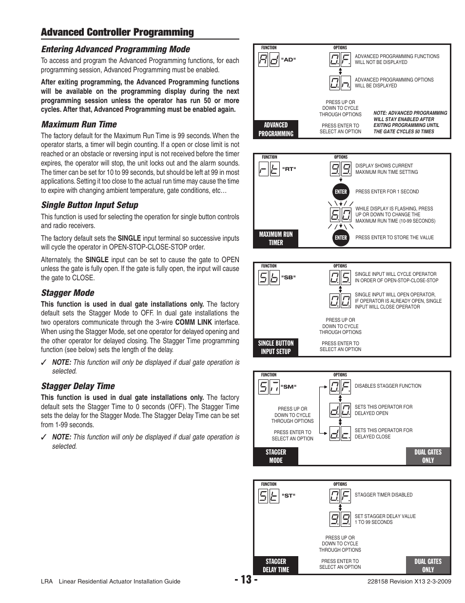 Advanced controller programming, Entering advanced programming mode, Maximum run time | Single button input setup, Stagger mode, Stagger delay time, Advanced programming, Dual gates only, Maximum run timer | Linear LRA User Manual | Page 15 / 28