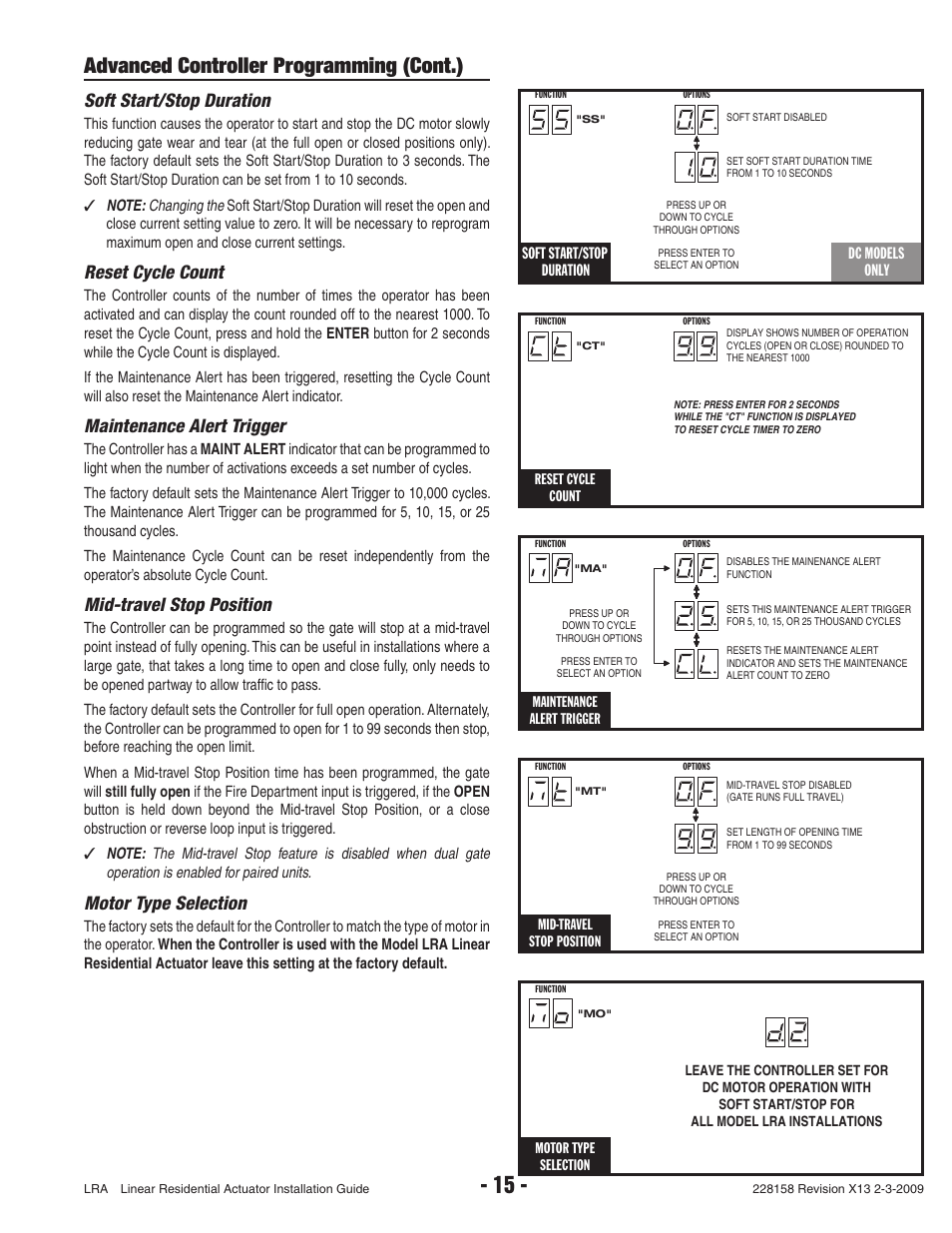 Advanced controller programming (cont.), Soft start/stop duration, Reset cycle count | Maintenance alert trigger, Mid-travel stop position, Motor type selection | Linear LRA User Manual | Page 17 / 28