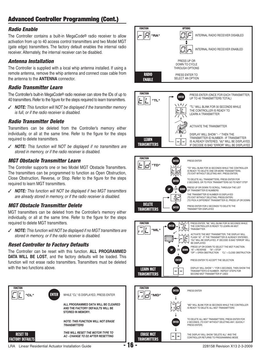 Advanced controller programming (cont.), Radio enable, Antenna installation | Radio transmitter learn, Radio transmitter delete, Mgt obstacle transmitter learn, Mgt obstacle transmitter delete, Reset controller to factory defaults, Erase mgt transmitters, Delete transmitters | Linear LRA User Manual | Page 18 / 28