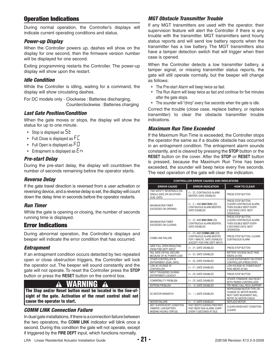 Warning, Operation indications, Error indications | Power-up display, Idle condition, Last gate position/condition, Pre-start delay, Reverse delay, Run timer, Entrapment | Linear LRA User Manual | Page 23 / 28