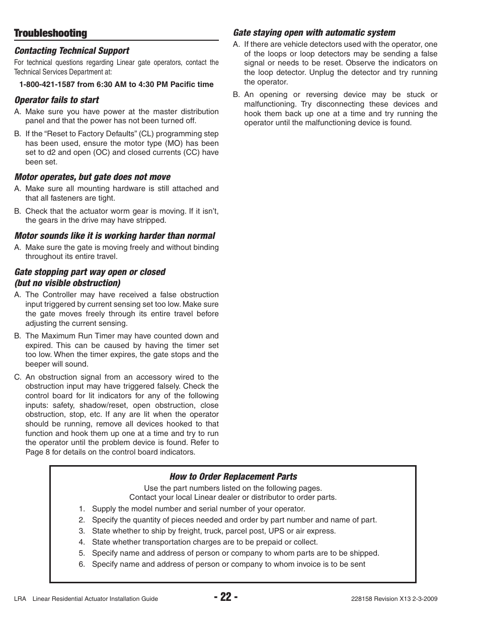 Troubleshooting | Linear LRA User Manual | Page 24 / 28