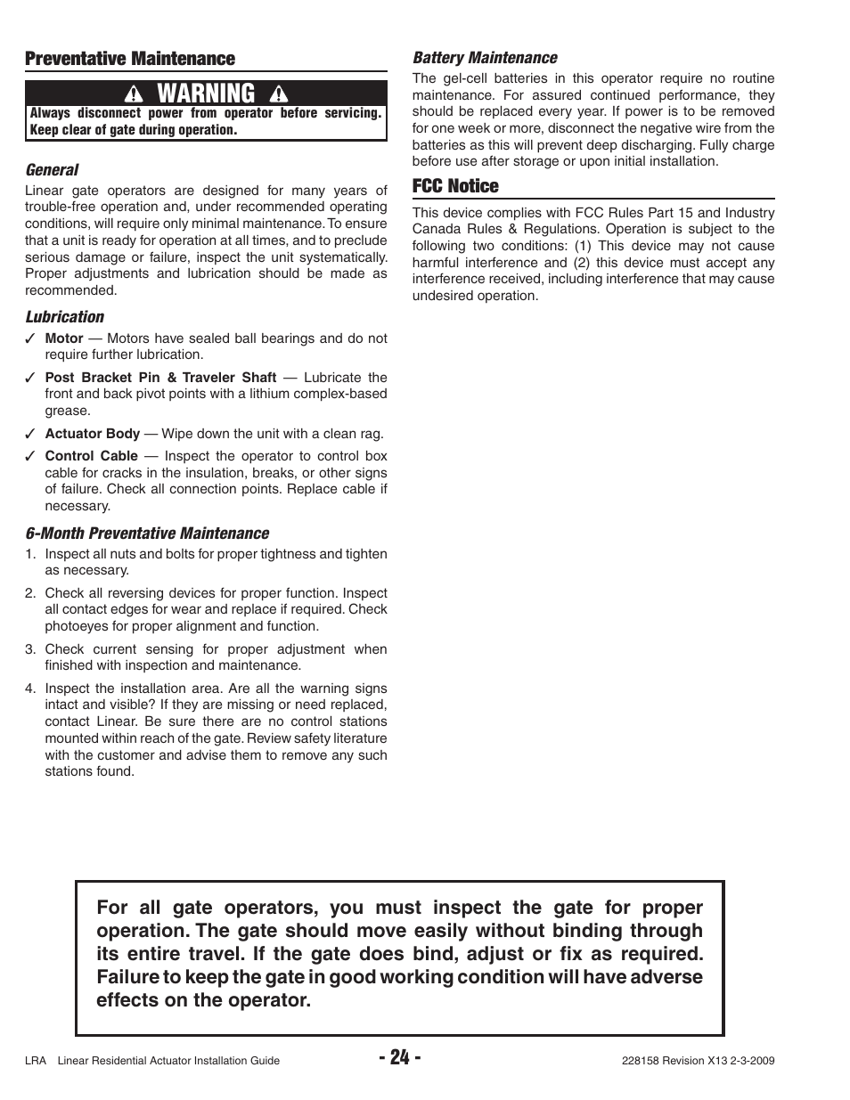 Warning, Preventative maintenance, Fcc notice | Linear LRA User Manual | Page 26 / 28