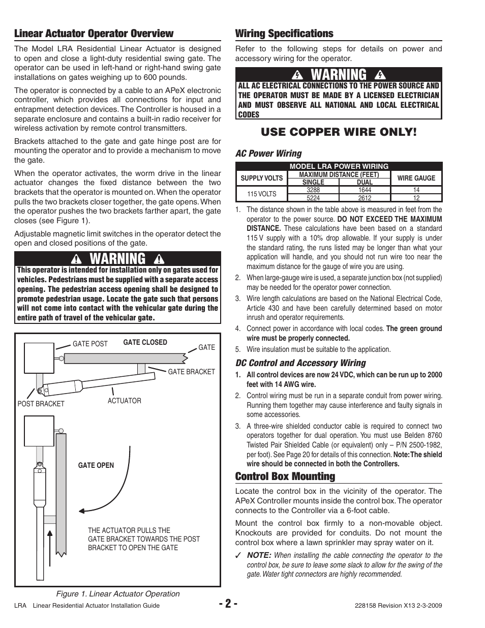 Warning, Linear actuator operator overview, Wiring specifications | Control box mounting, Use copper wire only | Linear LRA User Manual | Page 4 / 28