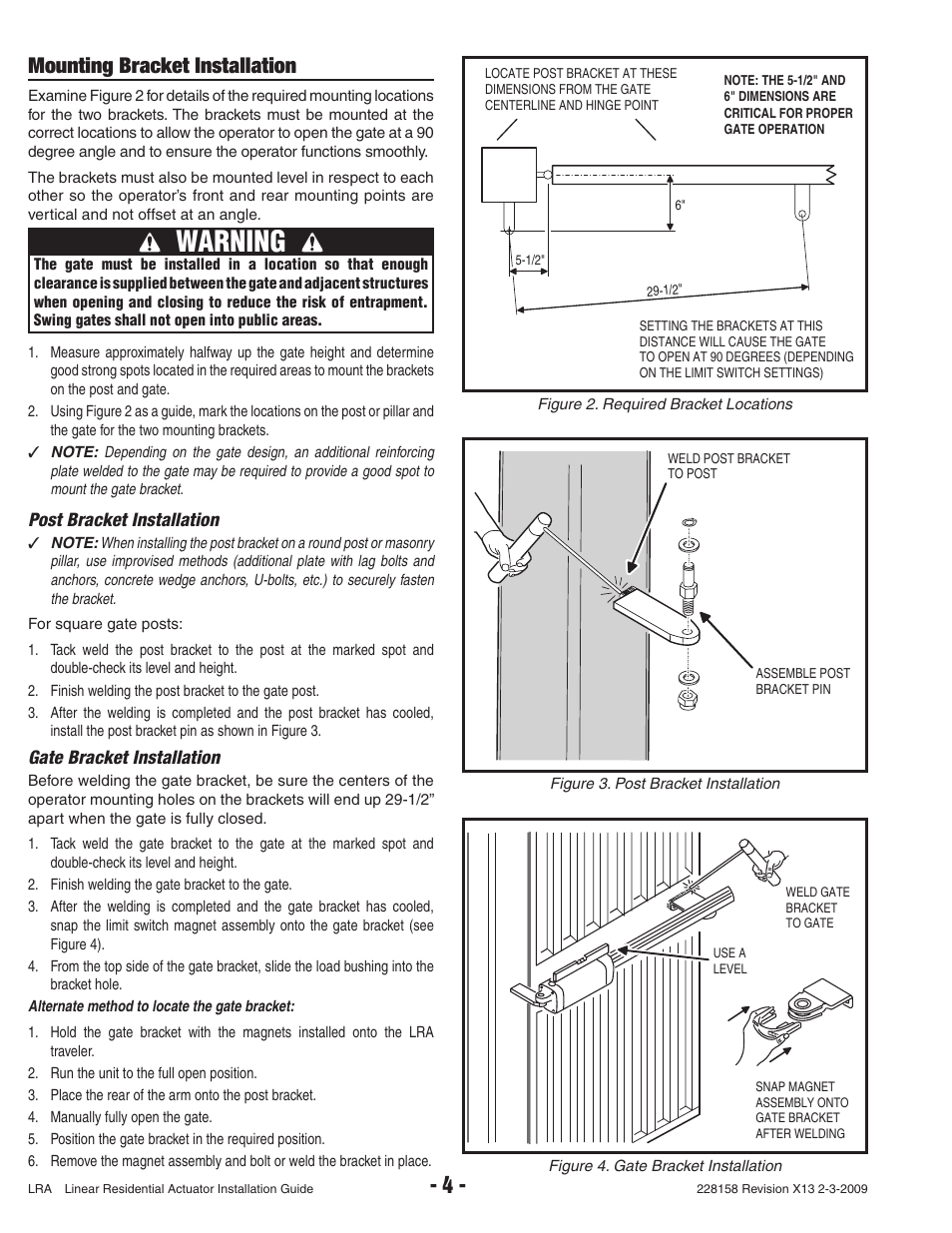 Warning, Mounting bracket installation | Linear LRA User Manual | Page 6 / 28