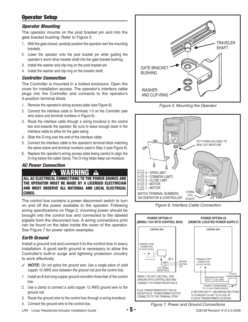 Warning, Operator setup, Operator mounting | Controller connection, Ac power connection, Earth ground | Linear LRA User Manual | Page 7 / 28