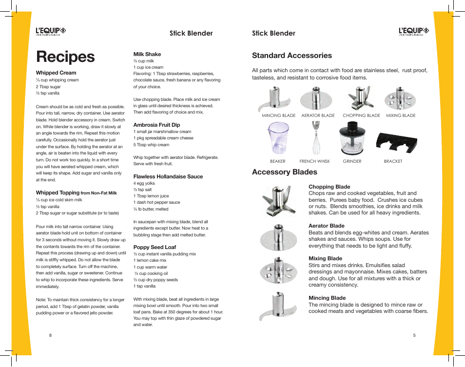 Recipes, Standard accessories accessory blades | L'Equip PROFESSIONAL 306700 User Manual | Page 5 / 6