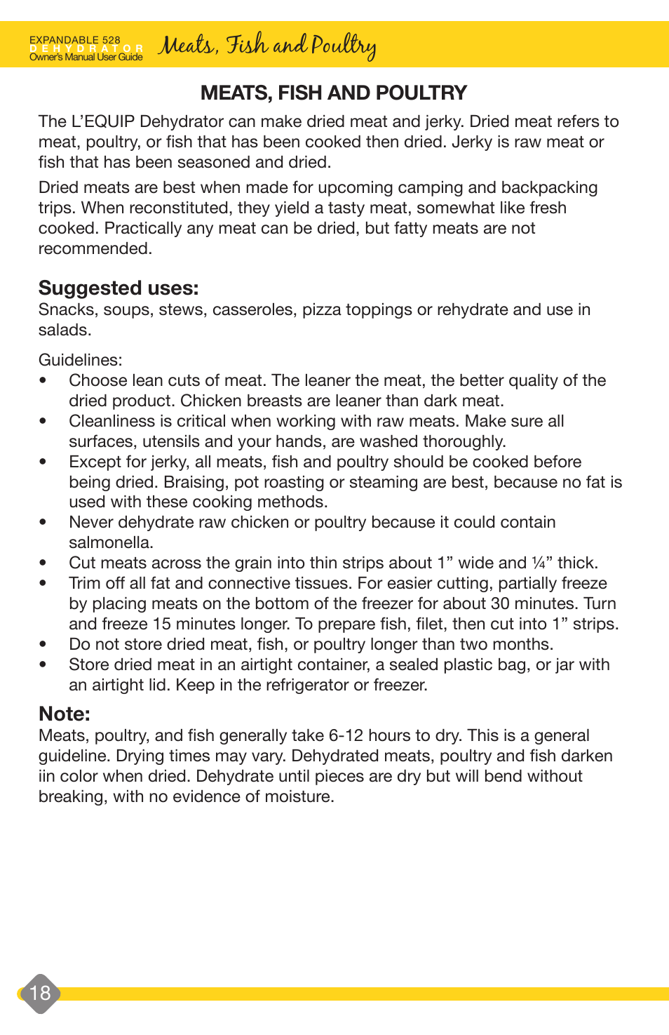 Meats, fish and poultry, Suggested uses, Jerky | Preparing jerky | L'Equip EXPANDABLE 528 User Manual | Page 18 / 40