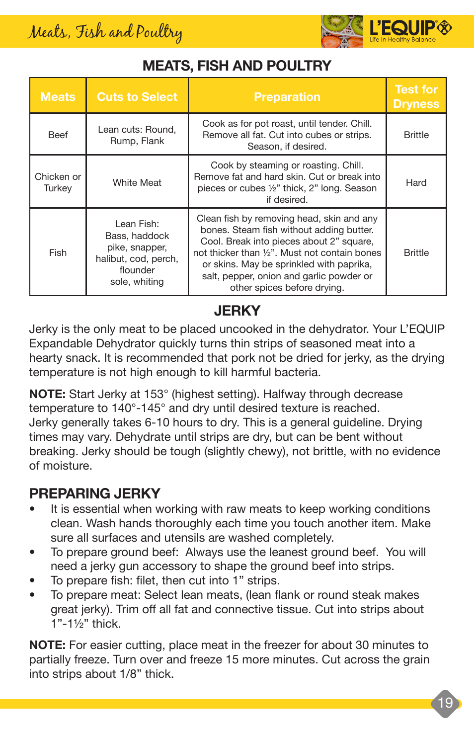 Meats, fish and poultry, Suggested uses, Jerky | Preparing jerky | L'Equip EXPANDABLE 528 User Manual | Page 19 / 40