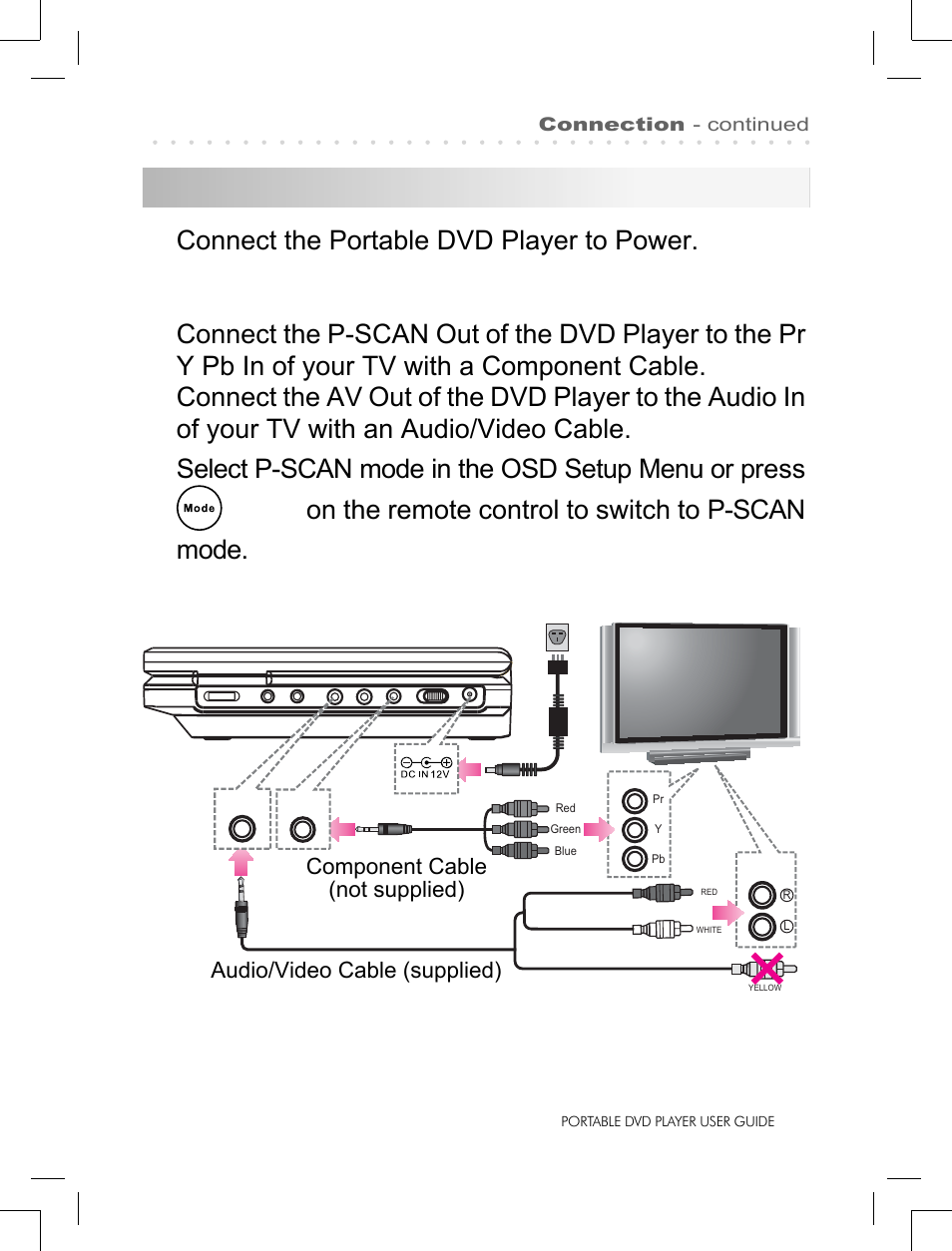 Connect tv with component and audio cable, Connect the portable dvd player to power | Logik LPD850 User Manual | Page 11 / 27