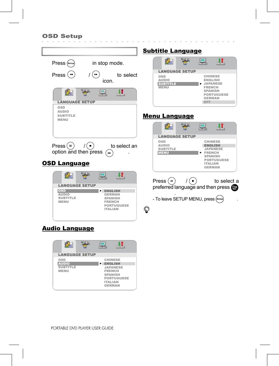 Language setup, Osd language, Audio language | Subtitle language, Menu language, Osd setup, Press setup in stop mode, Press left / right to select language setup icon | Logik LPD850 User Manual | Page 18 / 27