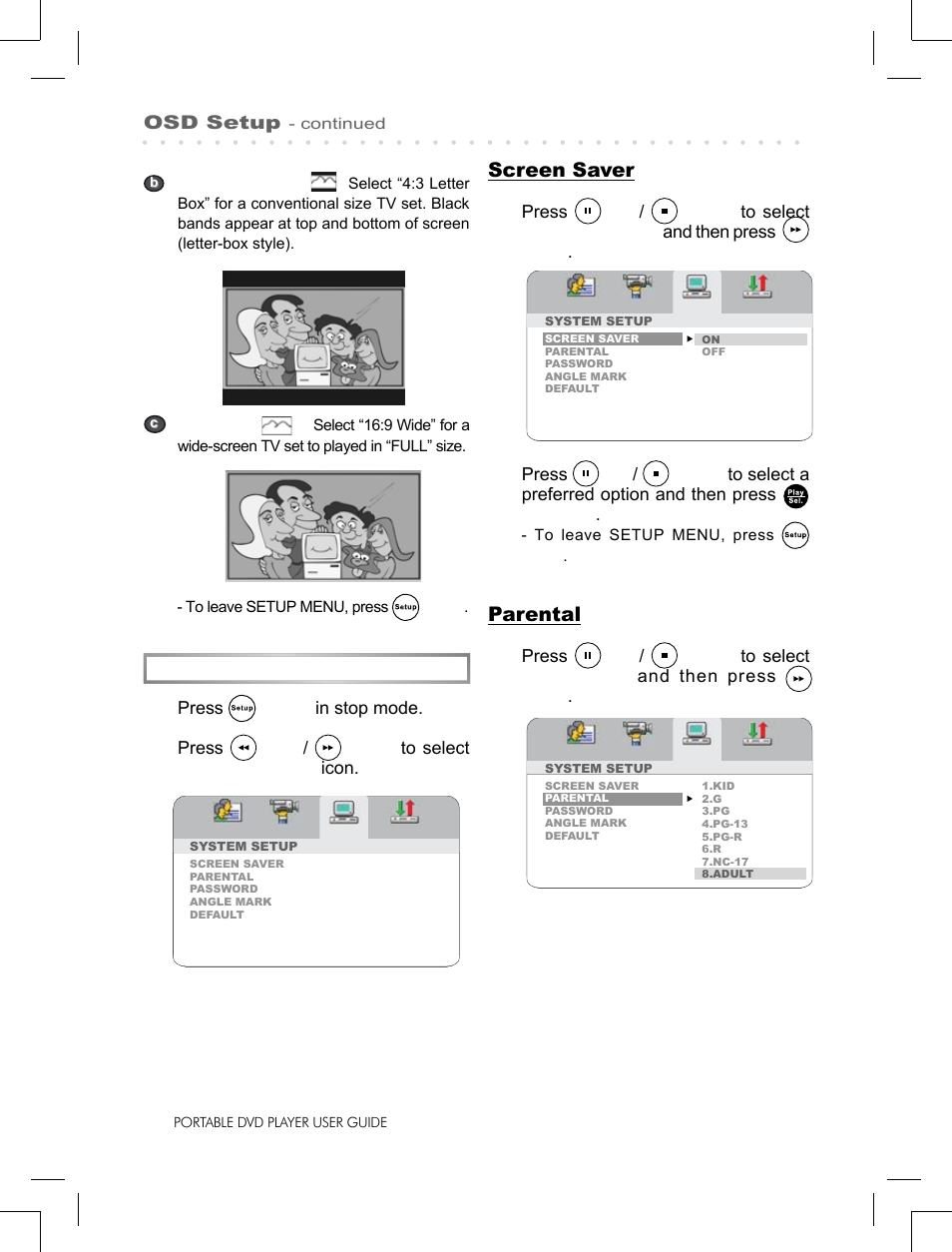 System setup, Screen saver, Parental | Logik LPD850 User Manual | Page 20 / 27