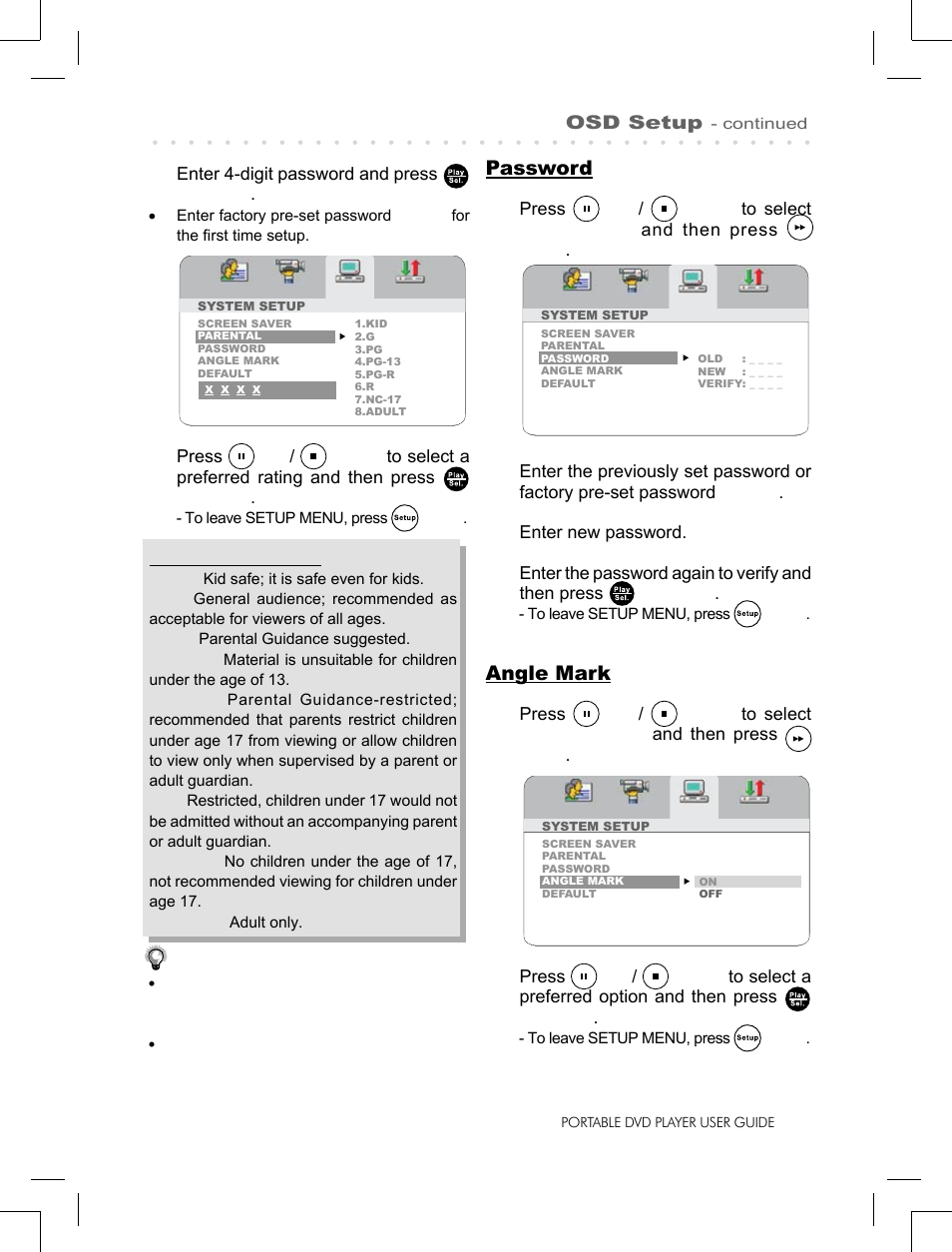 Password, Angle mark | Logik LPD850 User Manual | Page 21 / 27