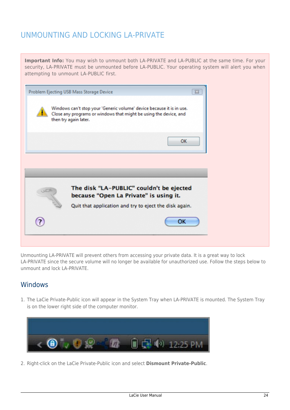 Unmounting and locking la-private, Windows | LaCie 14F User Manual | Page 24 / 54