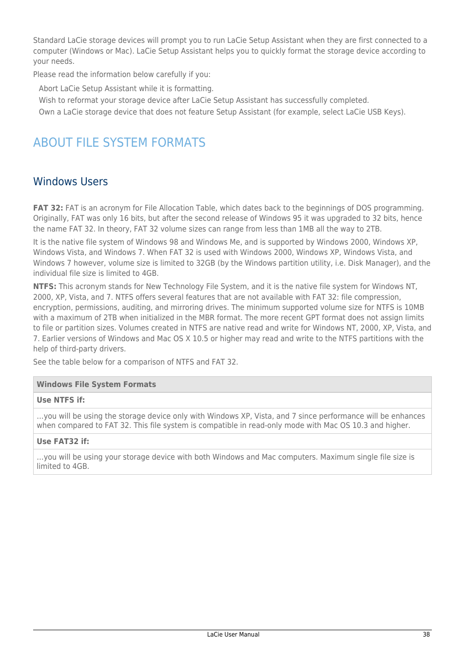 About file system formats, Windows users | LaCie 14F User Manual | Page 38 / 54