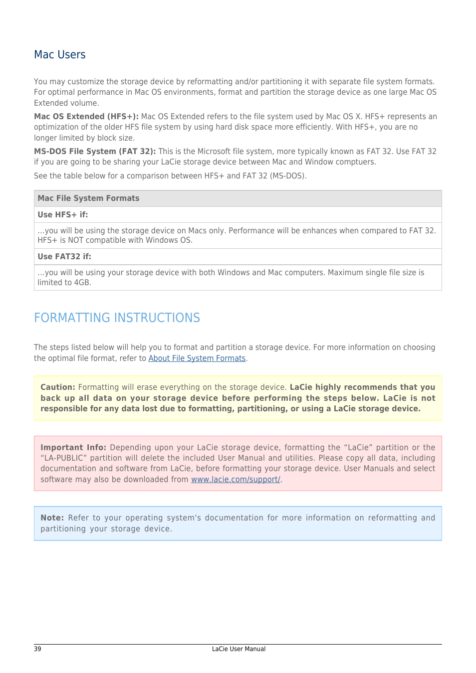 Mac users, Formatting instructions | LaCie 14F User Manual | Page 39 / 54