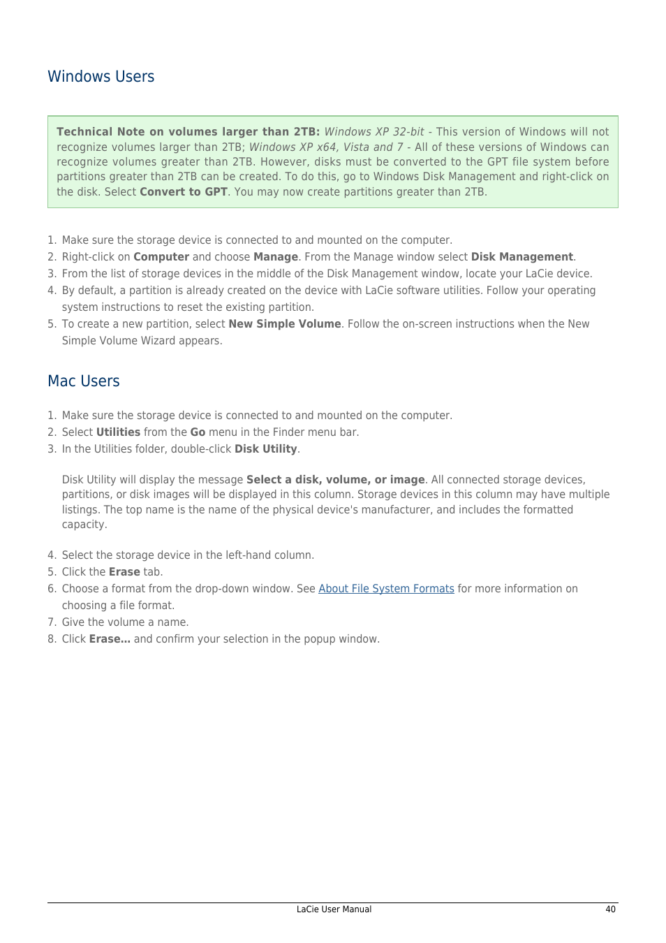 Windows users, Mac users | LaCie 14F User Manual | Page 40 / 54