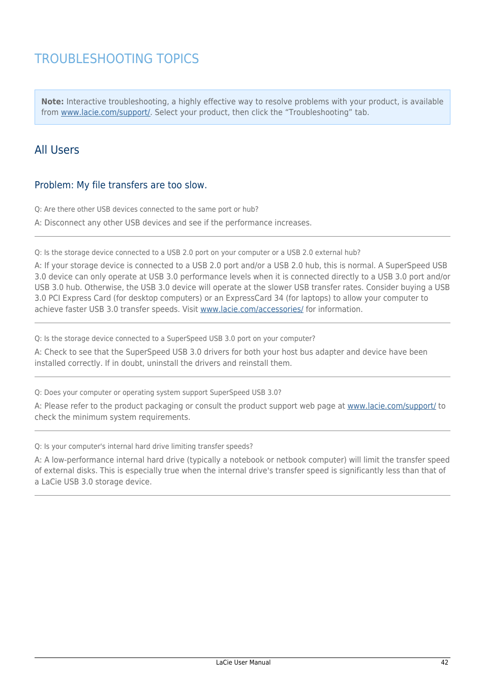 Troubleshooting topics, All users | LaCie 14F User Manual | Page 42 / 54