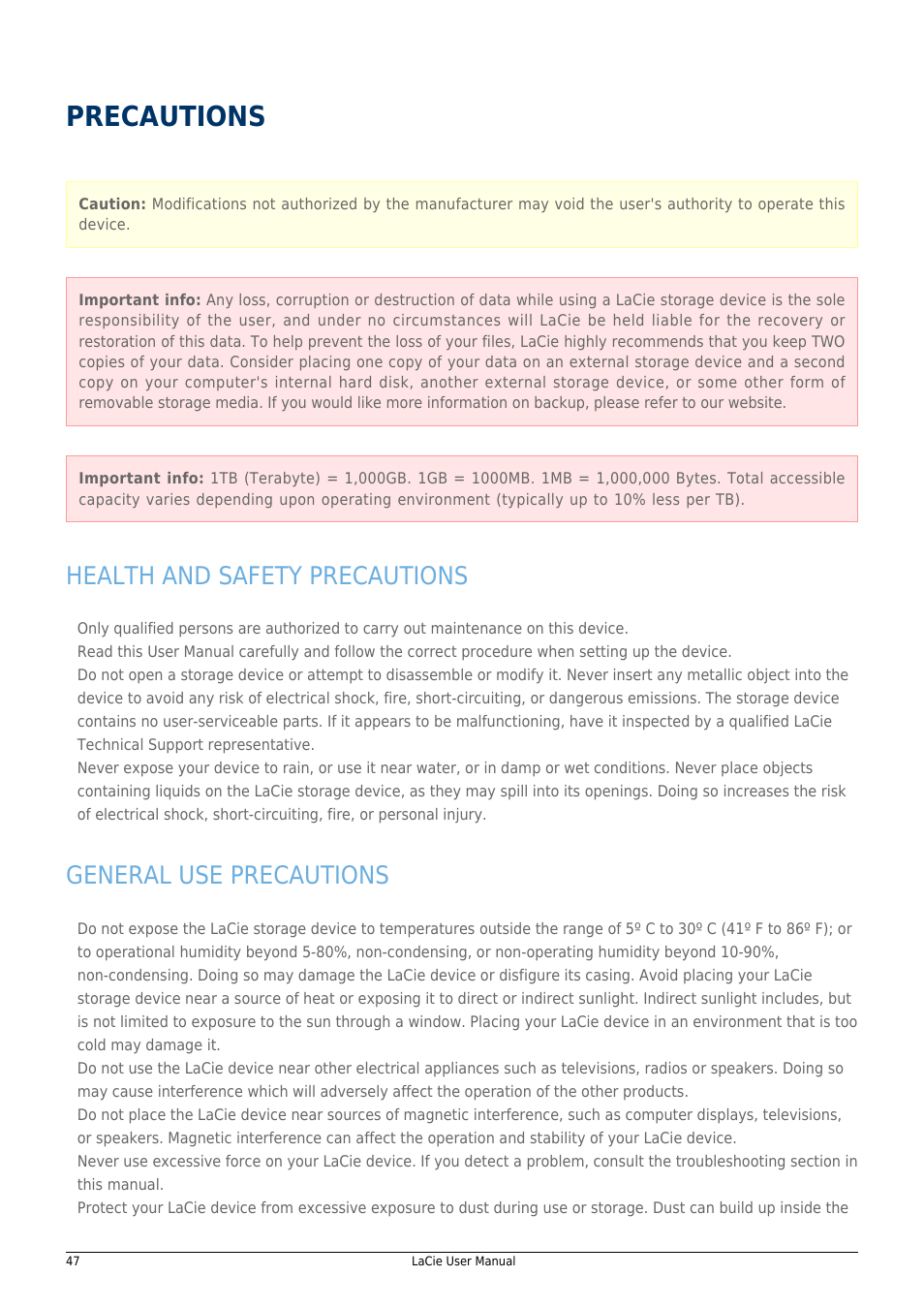 Precautions, Health and safety precautions, General use precautions | LaCie 14F User Manual | Page 47 / 54