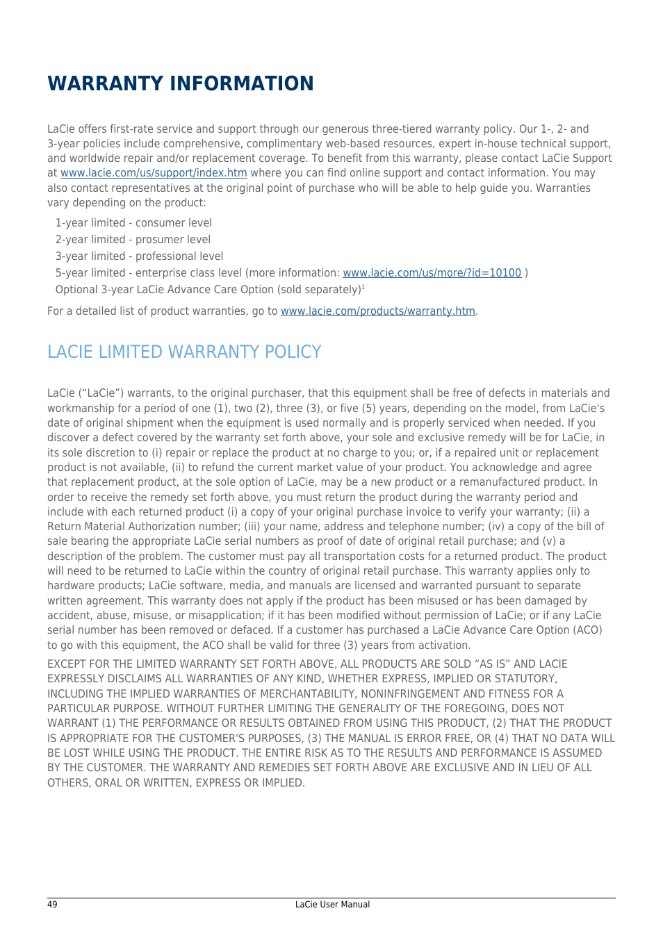 Warranty information, Lacie limited warranty policy | LaCie 14F User Manual | Page 49 / 54