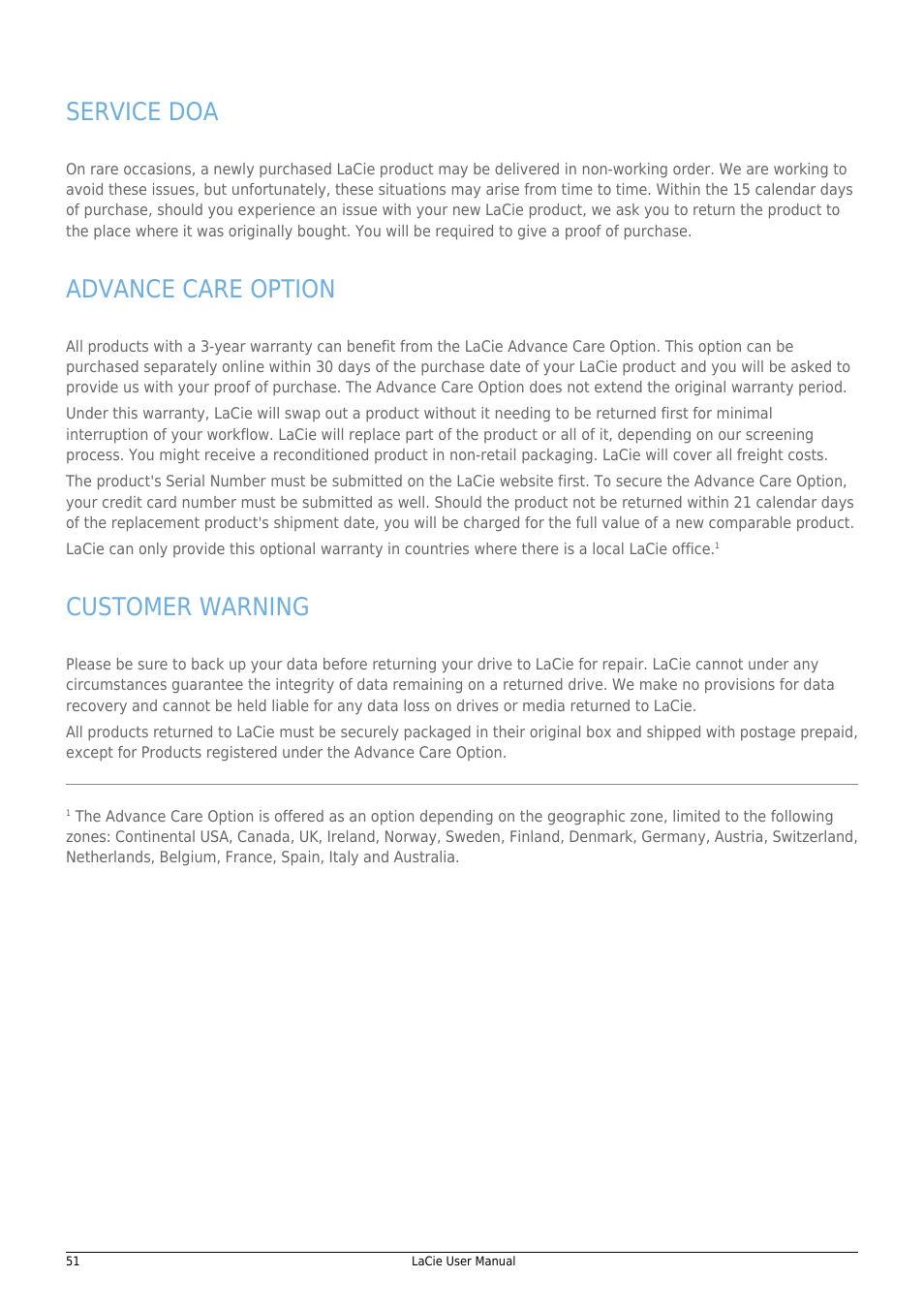 Service doa, Advance care option, Customer warning | LaCie 14F User Manual | Page 51 / 54