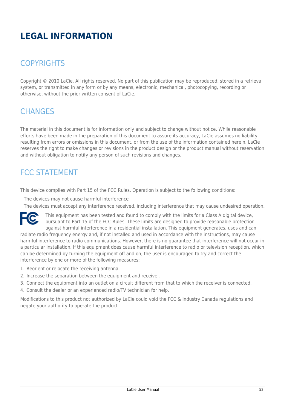 Legal information, Copyrights, Changes | Fcc statement | LaCie 14F User Manual | Page 52 / 54