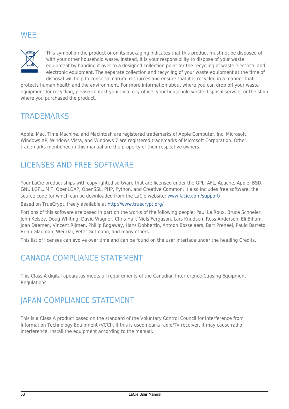 Trademarks, Licenses and free software, Canada compliance statement | Japan compliance statement | LaCie 14F User Manual | Page 53 / 54