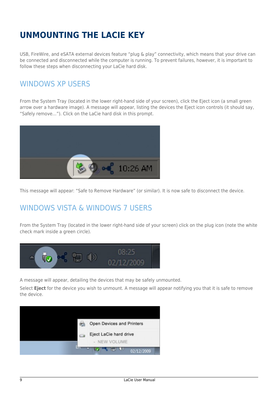 Unmounting the lacie key, Windows xp users, Windows vista & windows 7 users | LaCie 14F User Manual | Page 9 / 54