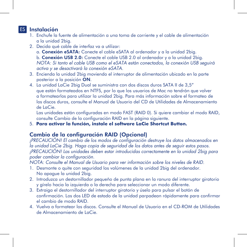 Instalación, Cambio de la configuración raid (opcional) | LaCie 2big dual User Manual | Page 10 / 24
