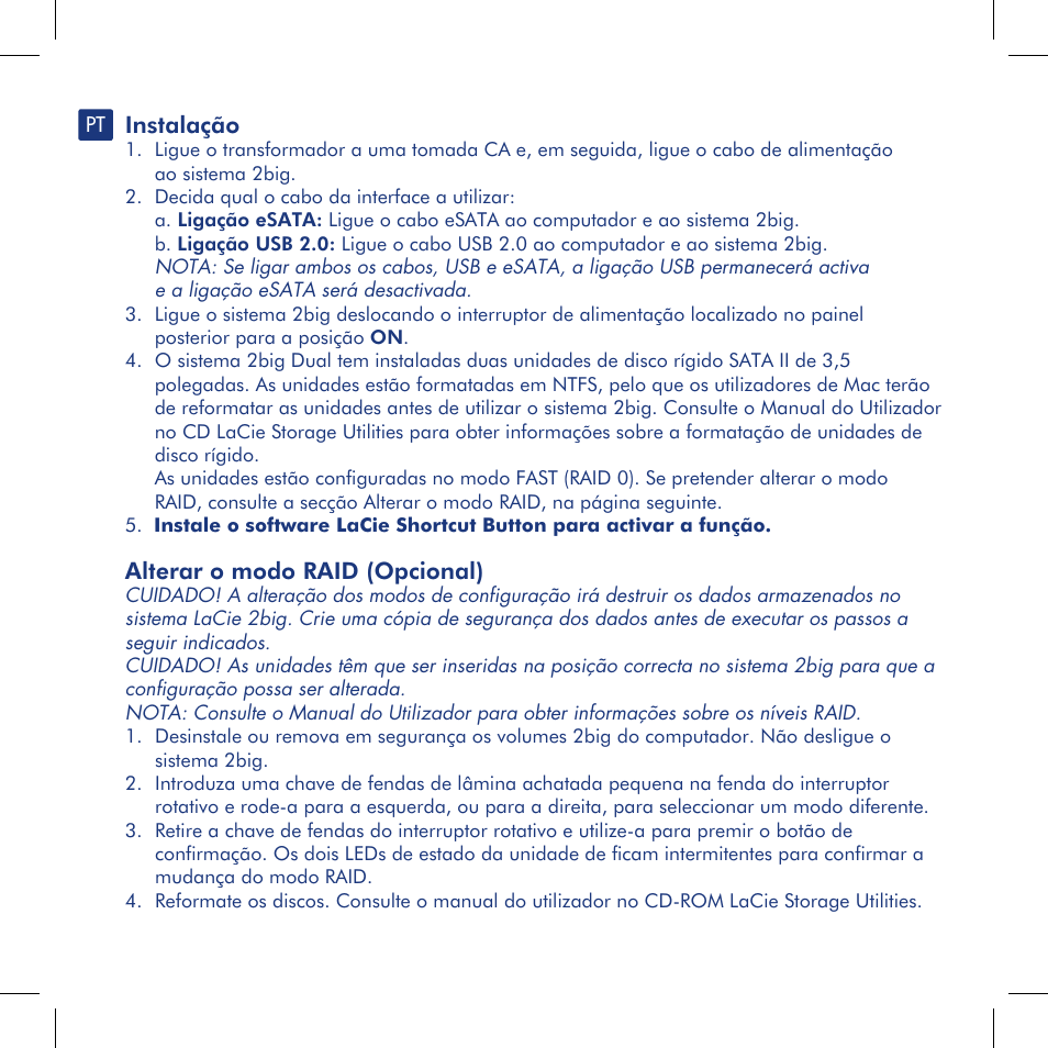 Instalação, Alterar o modo raid (opcional) | LaCie 2big dual User Manual | Page 12 / 24