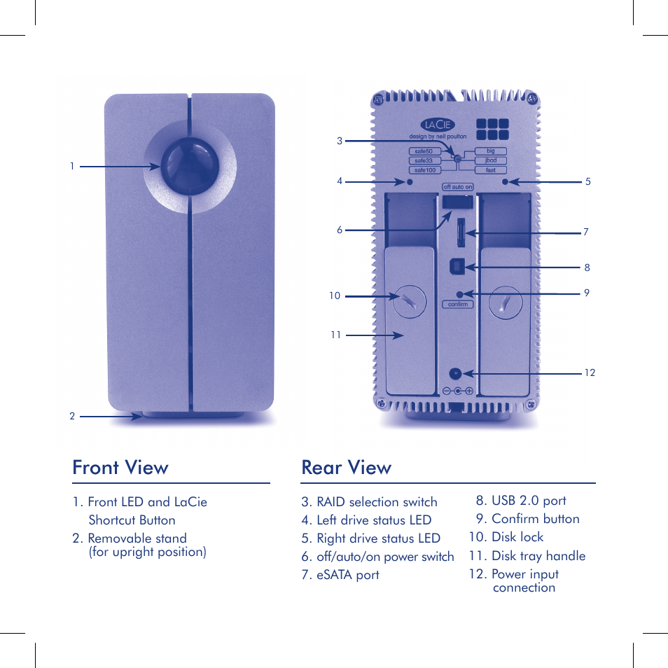 Front view, Rear view | LaCie 2big dual User Manual | Page 3 / 24