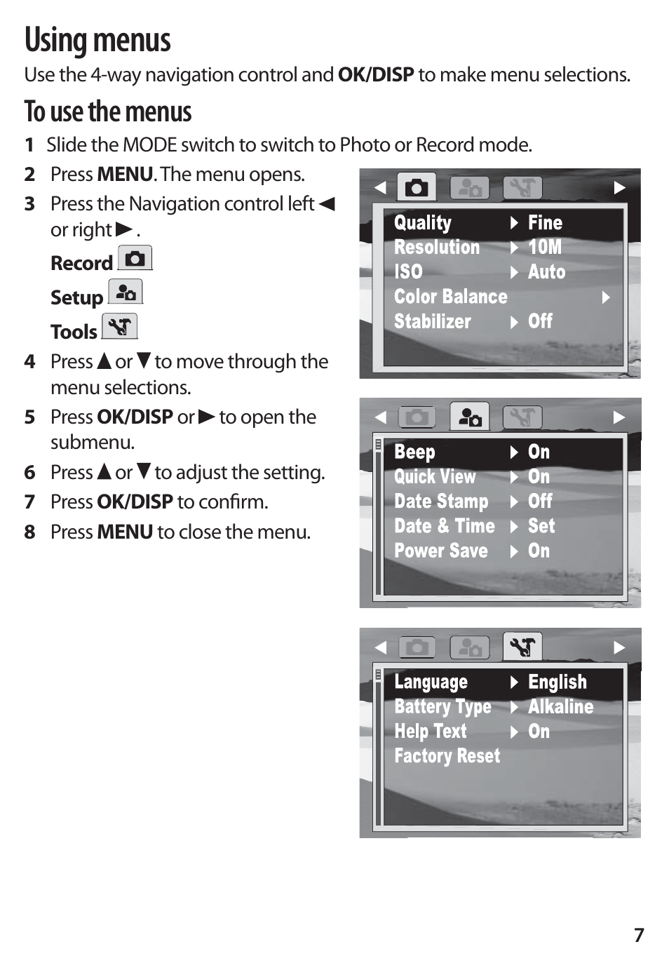 Using menus | LaCie NS-DSC1112P User Manual | Page 7 / 8