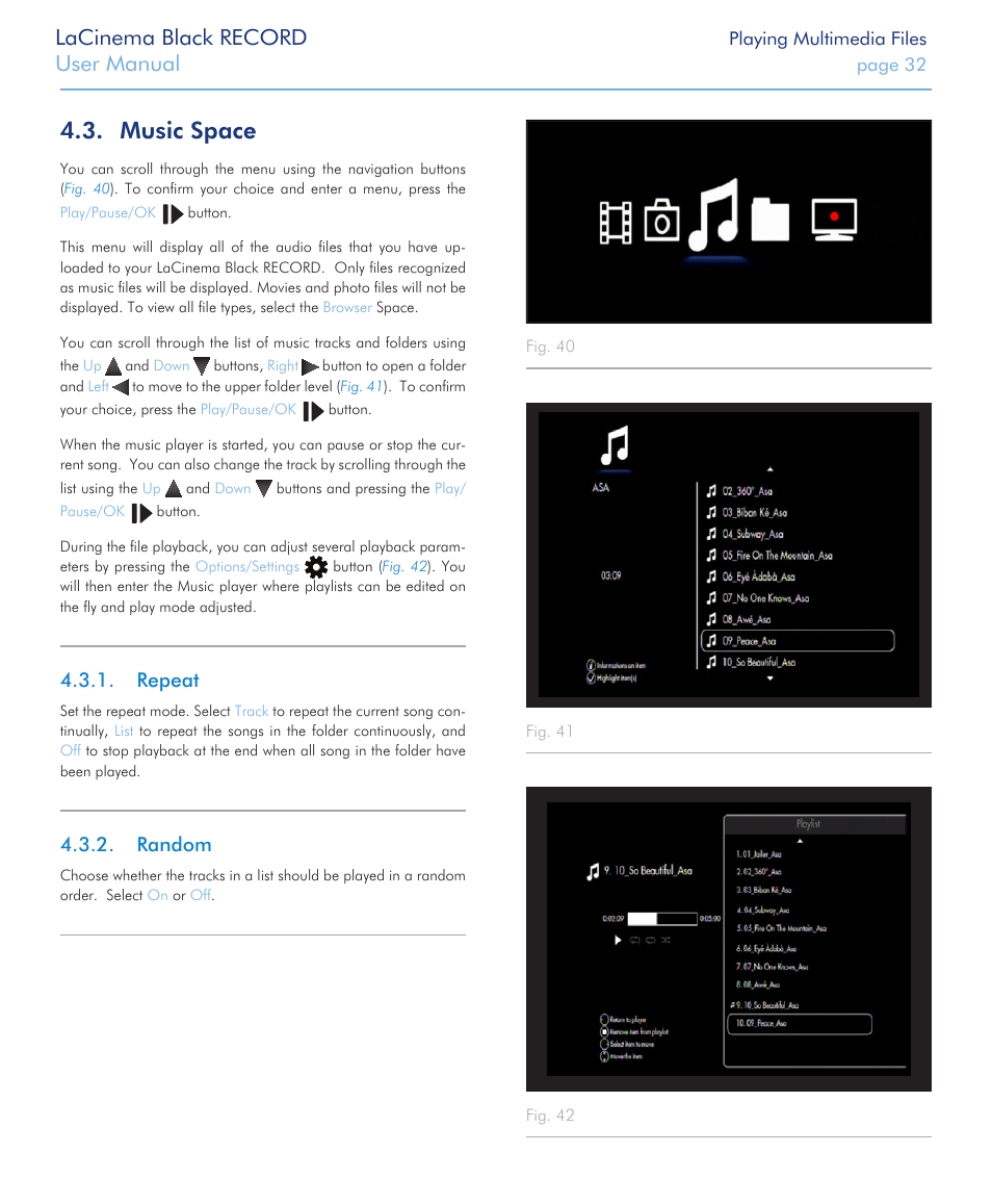 Music space, Repeat, Random | Repeat 4.3.2. random, Lacinema black record, User manual | LaCie LaCinema Black Record User Manual | Page 32 / 55