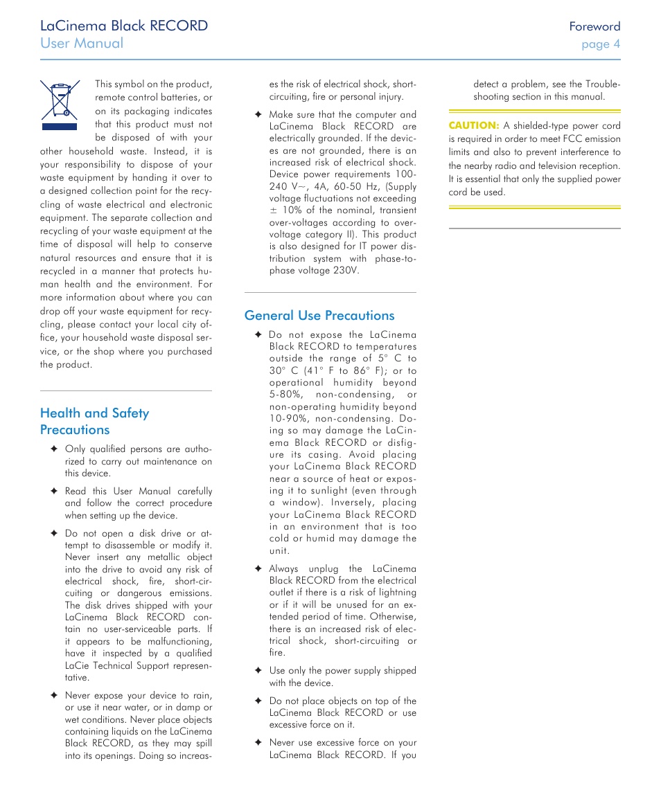 Lacinema black record, User manual, Health and safety precautions | General use precautions | LaCie LaCinema Black Record User Manual | Page 4 / 55