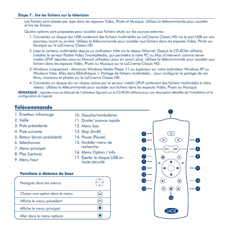 Installation du lacinema classic hd, Télécommande | LaCie La Cinema Classic HD User Manual | Page 11 / 42