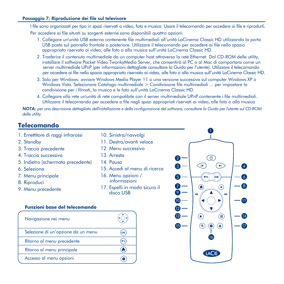 Installazione di lacinema classic hd, Telecomando | LaCie La Cinema Classic HD User Manual | Page 13 / 42