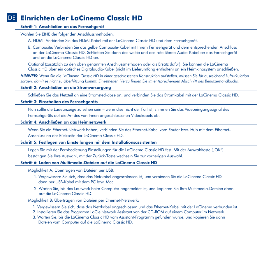 Einrichten der lacinema classic hd, Fernbedienung | LaCie La Cinema Classic HD User Manual | Page 14 / 42