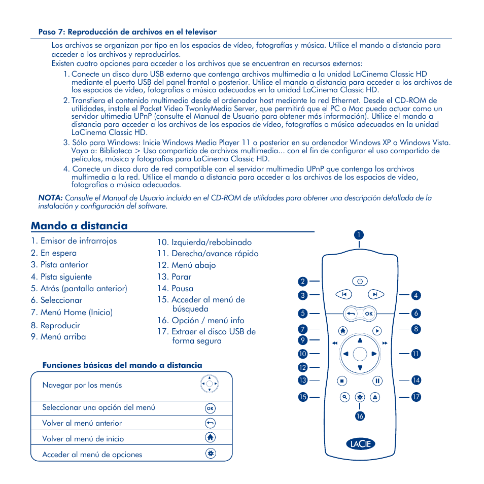 Configuración de lacinema classic hd, Mando a distancia | LaCie La Cinema Classic HD User Manual | Page 17 / 42