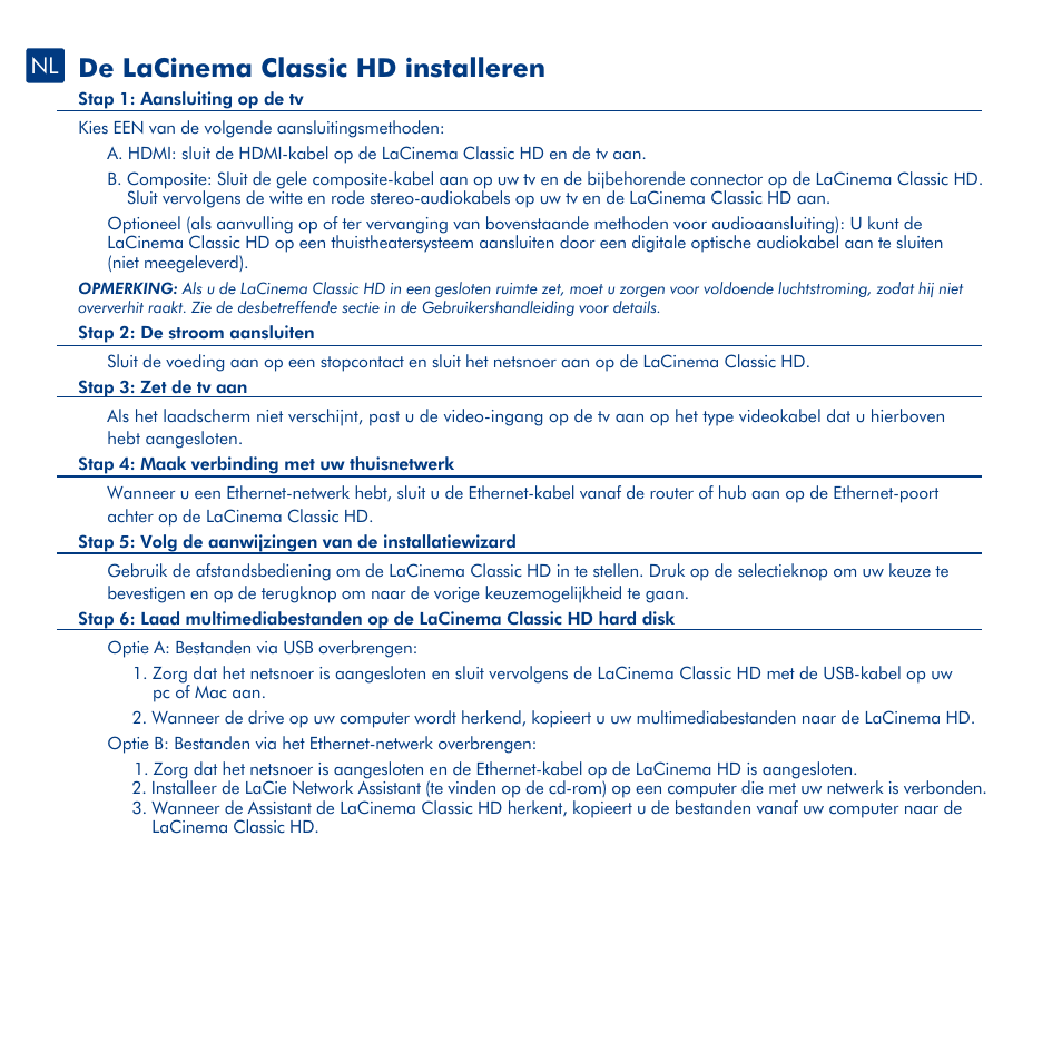 De lacinema classic hd installeren, Afstandsbediening | LaCie La Cinema Classic HD User Manual | Page 18 / 42