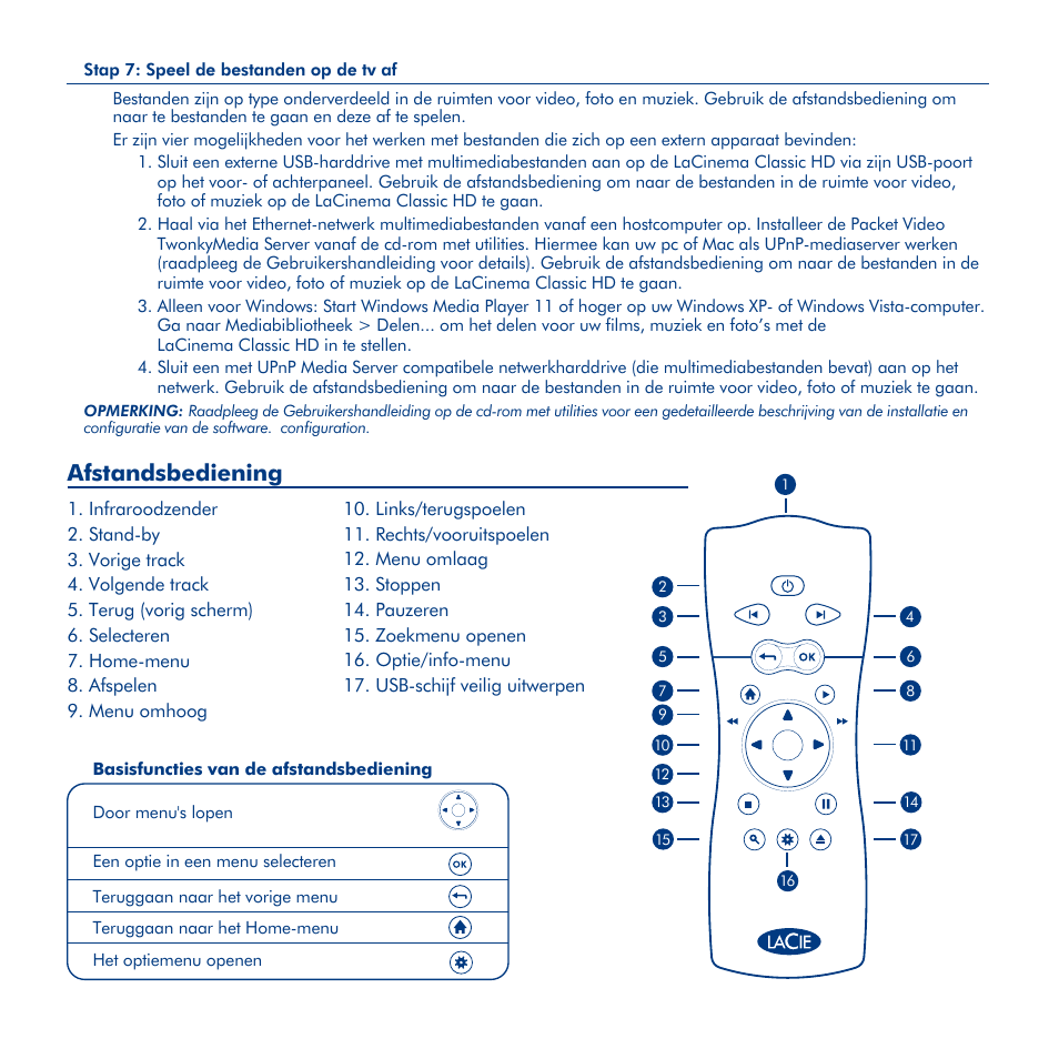 De lacinema classic hd installeren, Afstandsbediening | LaCie La Cinema Classic HD User Manual | Page 19 / 42