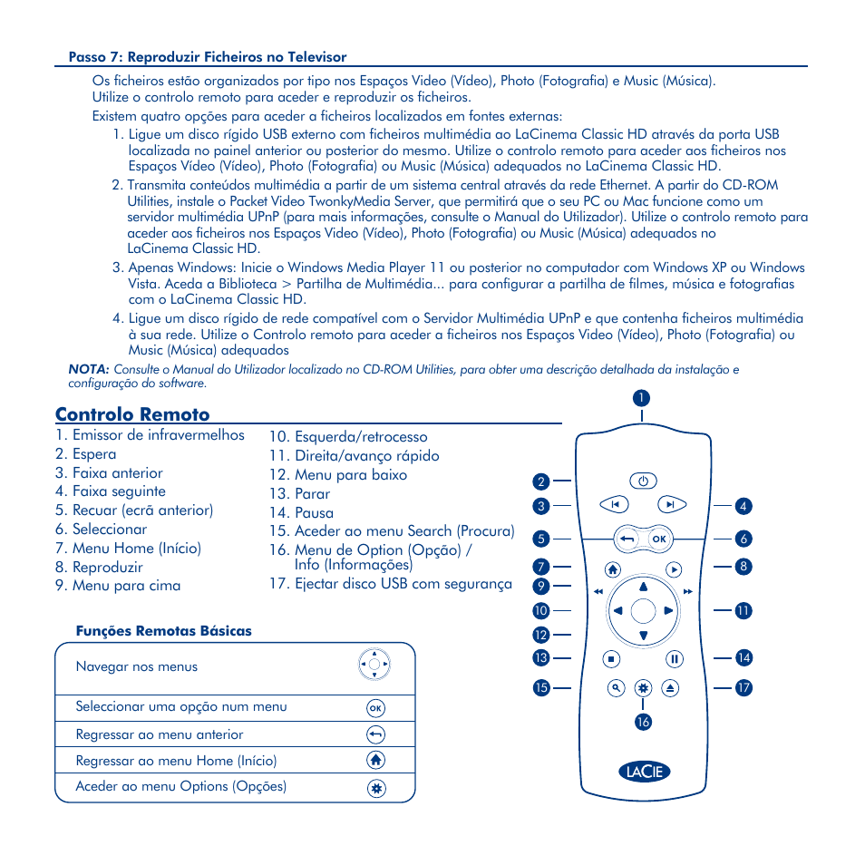 Preparar o lacinema classic hd para instalação, Controlo remoto | LaCie La Cinema Classic HD User Manual | Page 21 / 42