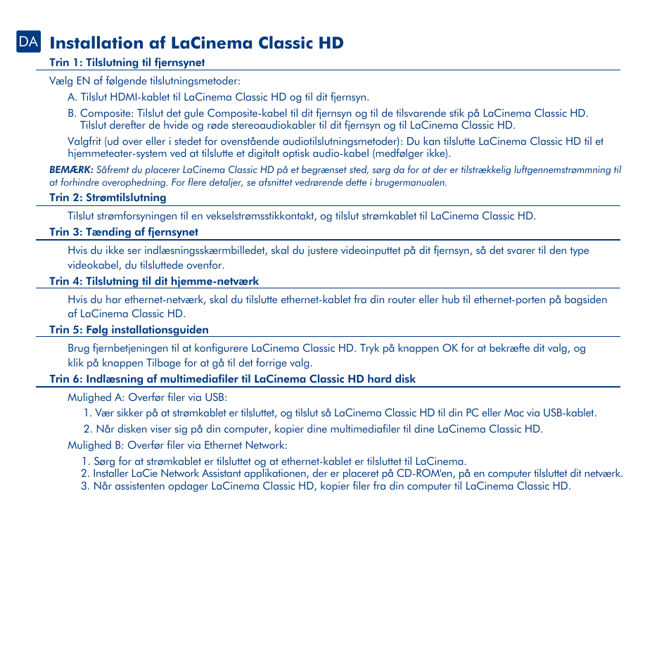 Installation af lacinema classic hd, Fjernbetjening | LaCie La Cinema Classic HD User Manual | Page 24 / 42