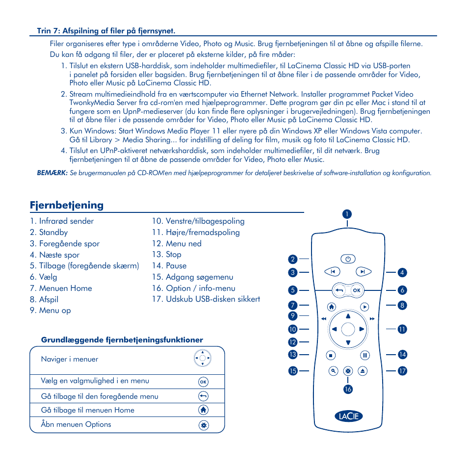 Installation af lacinema classic hd, Fjernbetjening | LaCie La Cinema Classic HD User Manual | Page 25 / 42